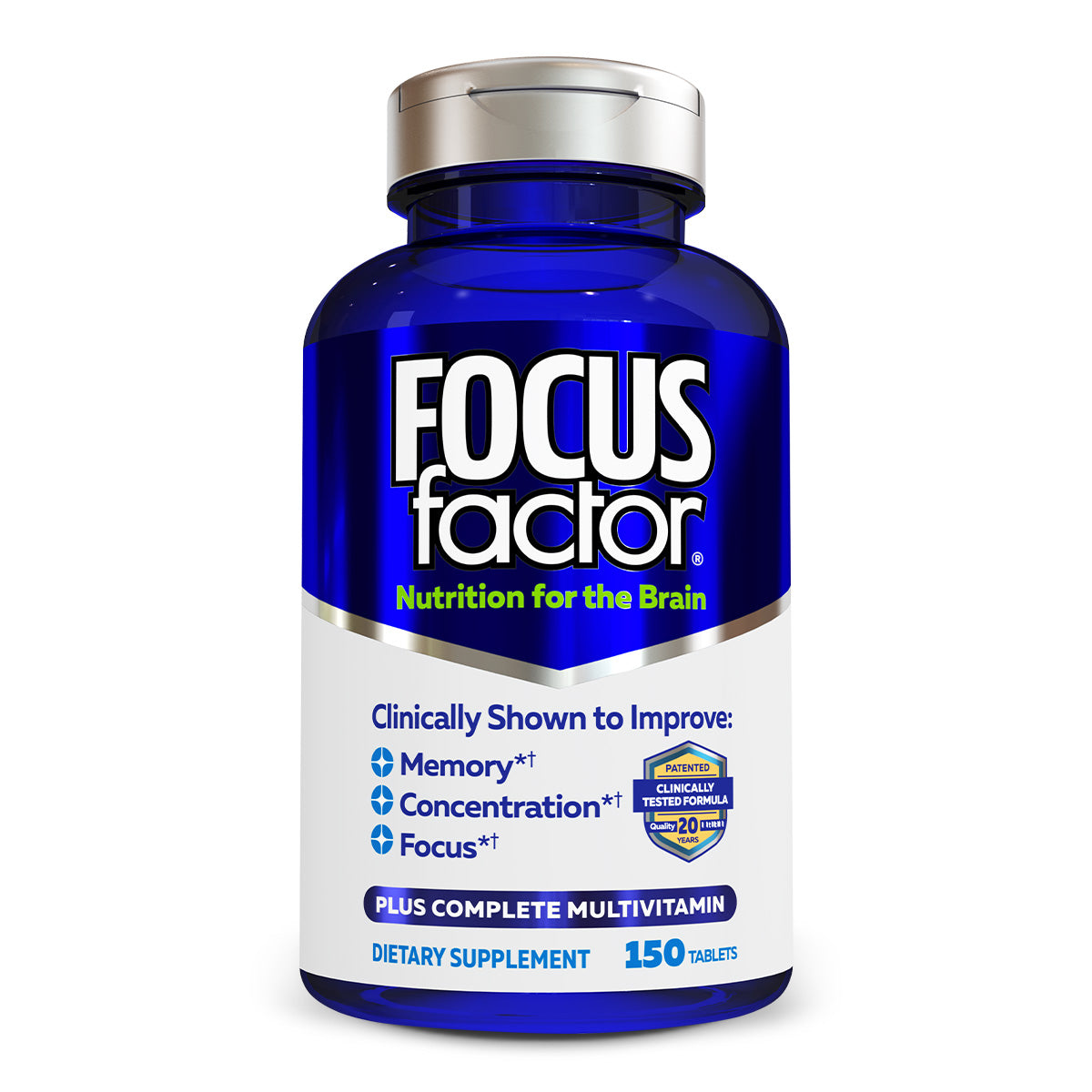 A blue Focus Factor® Original† bottle stands against a white background, highlighting enhanced memory, concentration, and focus. It contains 150 tablets and is presented as a complete multivitamin.