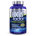 A bottle of Focus Factor® Original† dietary supplement, prominently labeled "Nutrition for the Brain," highlights benefits such as improved memory, increased concentration, and enhanced focus. It contains a clinically tested formula and incorporates a complete multivitamin for all-encompassing brain support.