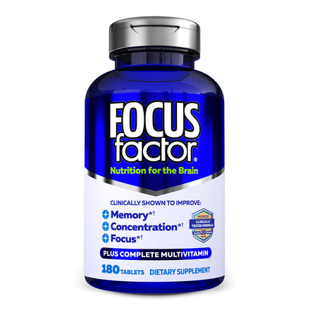 A bottle of Focus Factor® Original† dietary supplement, prominently labeled "Nutrition for the Brain," highlights benefits such as improved memory, increased concentration, and enhanced focus. It contains a clinically tested formula and incorporates a complete multivitamin for all-encompassing brain support.