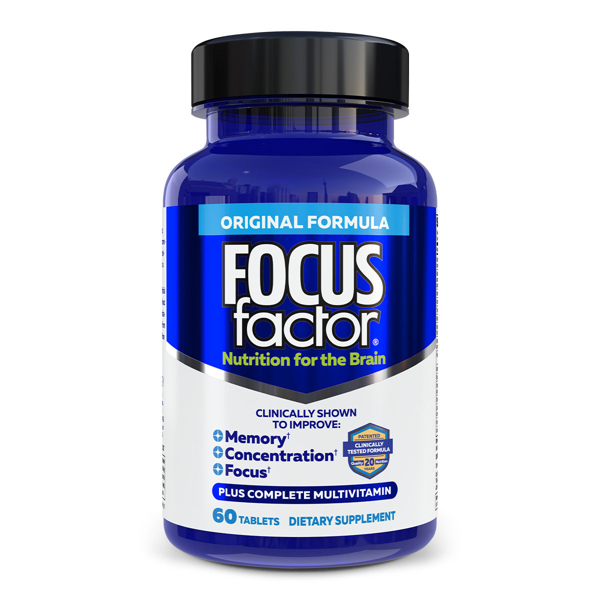 A blue bottle labeled "Focus Factor® Original†" dietary supplement is designed to enhance memory, boost concentration, and sharpen focus. This original formula contains 60 tablets for improved cognitive performance.