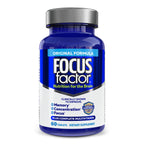 A blue bottle labeled "Focus Factor® Original†" dietary supplement is designed to enhance memory, boost concentration, and sharpen focus. This original formula contains 60 tablets for improved cognitive performance.