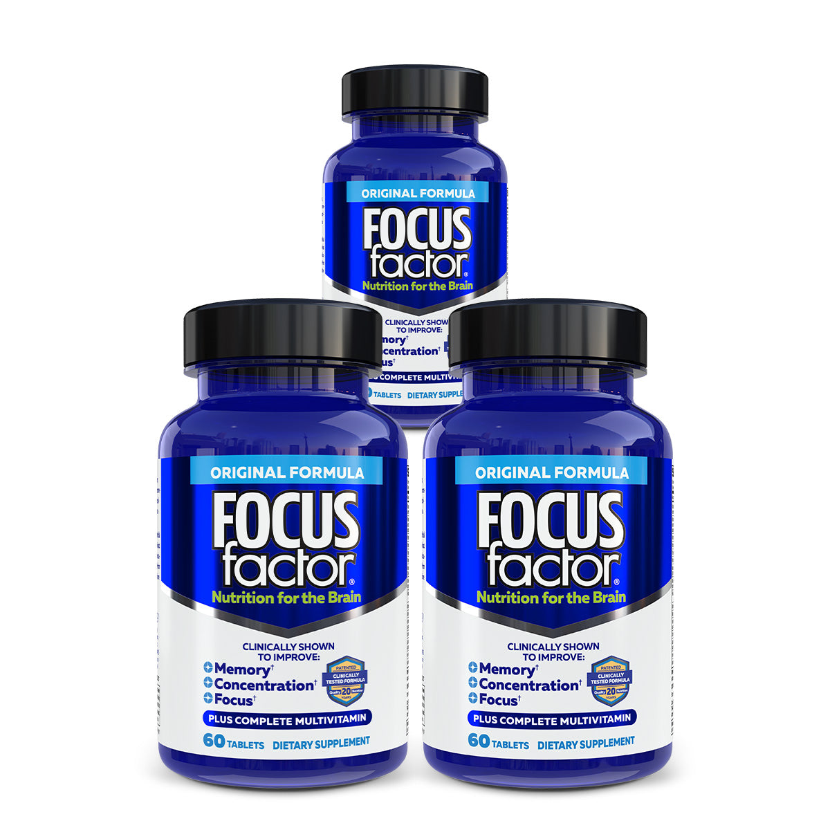 Three blue bottles of "Focus Factor® Original†" are elegantly displayed, promising enhanced concentration and memory support. The label highlights benefits for focus and includes a complete multivitamin. Each bottle contains 60 tablets, designed to effectively bolster brain health.