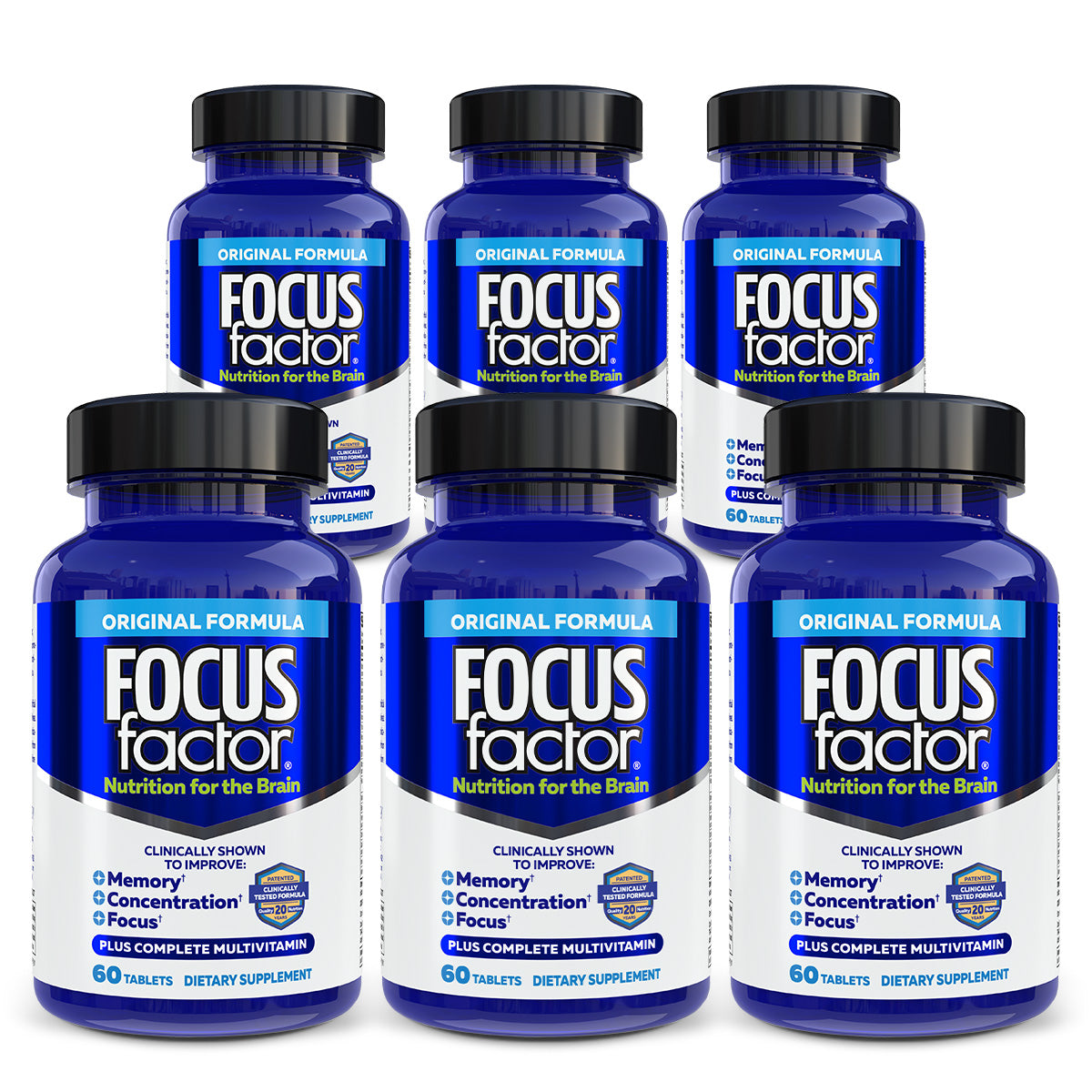 Six bottles of Focus Factor® Original† dietary supplements are arranged in two rows. Each blue bottle, featuring the original formula, contains 60 tablets formulated to enhance brain functions such as memory, concentration, and focus.