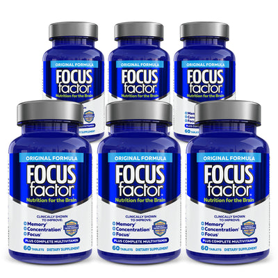 Six bottles of Focus Factor® Original† dietary supplements are arranged in two rows. Each blue bottle, featuring the original formula, contains 60 tablets formulated to enhance brain functions such as memory, concentration, and focus.