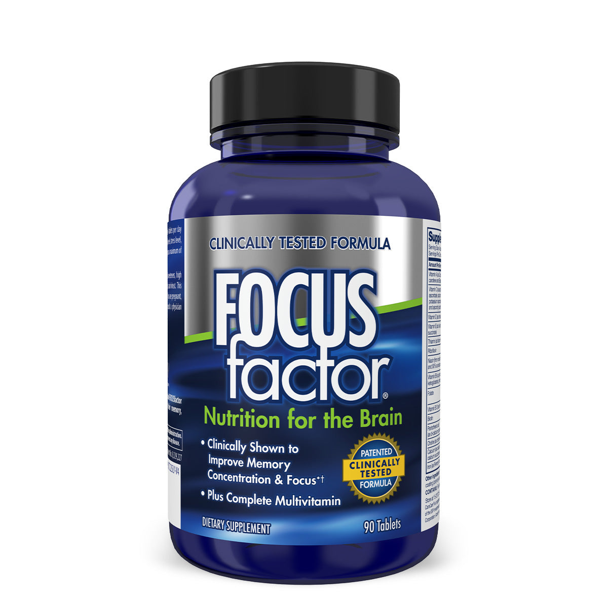 A blue bottle of Focus Factor® Original - 90 Tablets, labeled "Nutrition for the Brain," is clinically tested to enhance memory and concentration. It includes a complete multivitamin to boost focus.