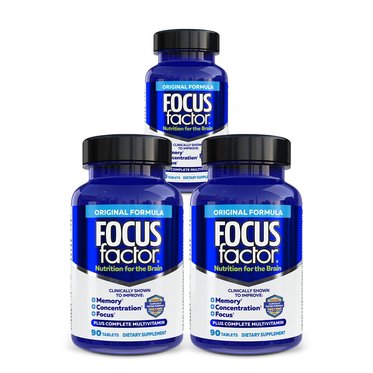 Three bottles of Focus Factor® Original† dietary supplements, each in blue packaging, are designed to support memory, concentration, and focus. Every bottle contains 90 tablets and prominently features the phrase "Nutrition for the Brain.