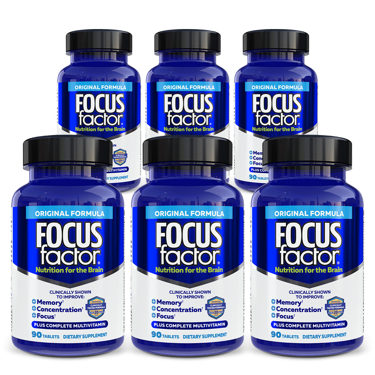 Image of six blue bottles of Focus Factor® Original†, a dietary supplement formulated to enhance concentration and memory. Each bottle contains 90 tablets featuring a comprehensive multivitamin formula that aims to support brain health by enhancing focus and cognitive function.