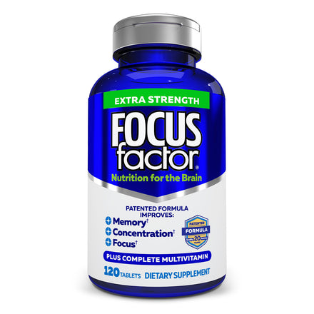 The blue bottle from Focus Factor®, labeled "Extra Strength" in green text, asserts that it enhances memory, concentration, and focus. This dietary supplement provides a comprehensive multivitamin brain formula with 120 tablets designed to support memory effectively.