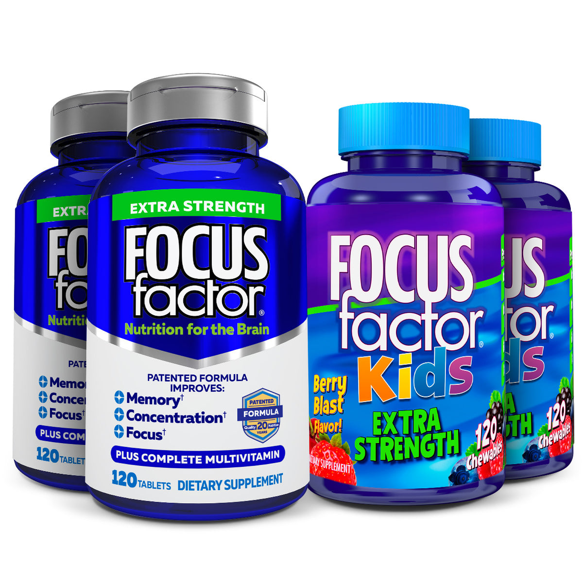 Focus Factor® Bundles offers the Extra Strength Family Bundle, containing dietary supplements in both "Extra Strength" and "Kids" varieties. Each package includes 120 tablets, promoting benefits such as enhanced memory and concentration. The kids' version comes with a delightful "Berry Blast" flavor to boost its appeal.