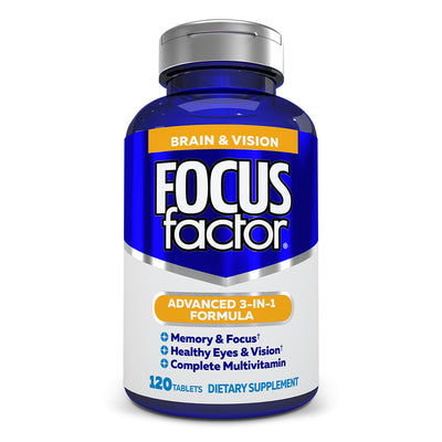 A bottle of Focus Factor® Brain & Vision dietary supplement for brain and vision support. The label highlights "Advanced 3-in-1 Formula," enriched with cognitive nutrients, offering memory support, eye health benefits, and multivitamins. Contains 120 tablets.