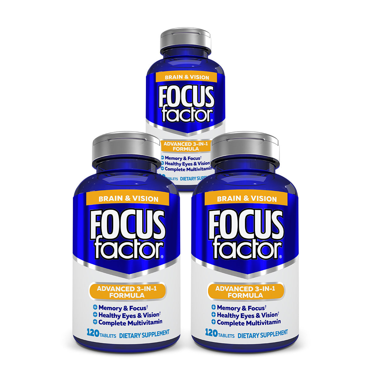 Three bottles of Focus Factor® Brain & Vision dietary supplement, featuring an "Advanced 3-in-1 Formula," provide vital cognitive nutrients to support memory and eye health. Each blue bottle contains 120 tablets intended to improve focus and maintain healthy vision.