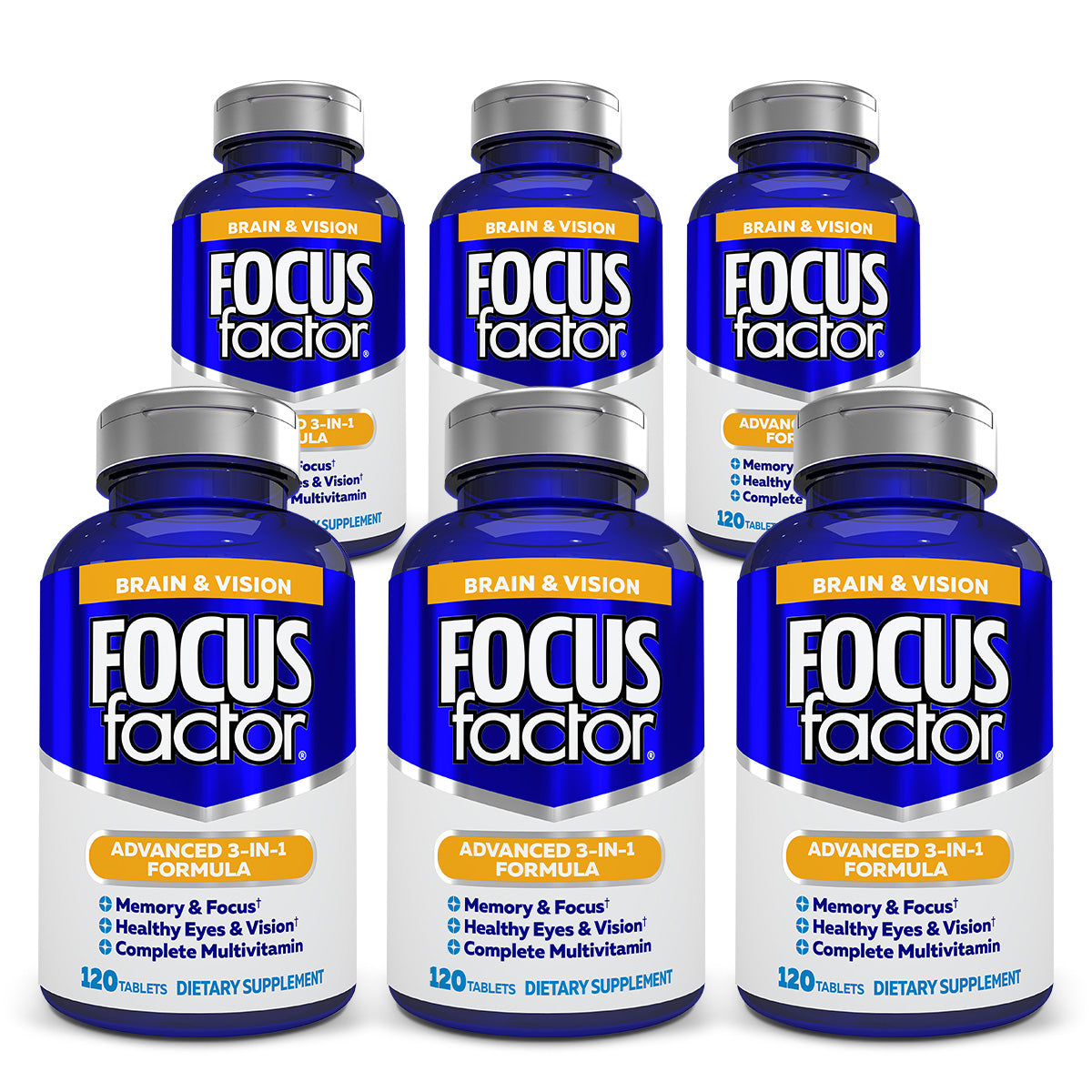 Picture featuring a set of six blue bottles of Focus Factor® Brain & Vision dietary supplement. Each bottle boasts a powerful 3-in-1 formula packed with cognitive nutrients and contains 120 tablets, promoting benefits such as memory support, focus, and enhanced eye health.