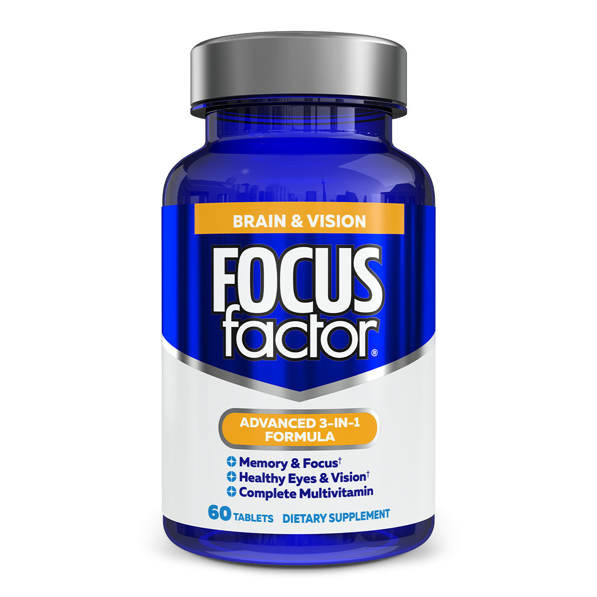 Focus Factor® Brain & Vision dietary supplement features an "Advanced 3-in-1 Formula" on its label, promoting "Brain & Vision," "Memory Support," and "Healthy Eyes & Vision." This complete multivitamin offers 60 tablets rich in eye nutrients to enhance memory and focus.