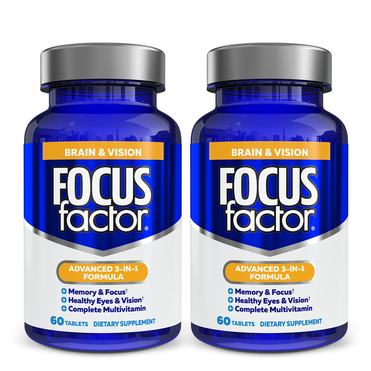 Two bottles of Focus Factor® Brain & Vision are shown, emphasizing memory support and healthy vision. Each bottle contains 60 tablets with eye nutrients, labeled as a dietary supplement for brain and vision assistance.