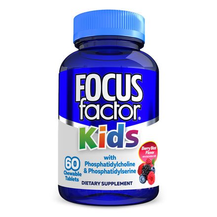 A blue bottle labeled "Focus Factor® Kids," featuring Berry Blast flavor. It contains 60 chewable dietary supplement tablets under the product name "Kids Chewables," enriched with neuronutrients like phosphatidylcholine and phosphatidylserine, designed to support brain function.