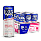 The packaging of Focus + Energy Drinks' Focus + Energy Drink - Fruit Punch highlights a 12-pack and individual can options, emphasizing the nootropic advantages such as improved focus, enhanced concentration, and an energy boost with B-vitamins. Enjoy the fruit punch flavor in a 355 mL can featuring details in both English and French.