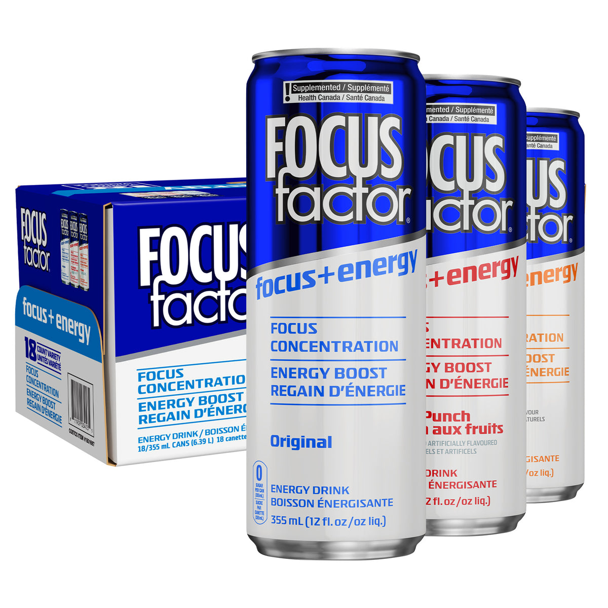 The Focus + Energy Drink - Variety Pack by Focus + Energy Drinks features 18 cans, including diverse flavors such as Original and Punch, each containing 355 ml of nootropic-enhanced beverage for better focus. This low-calorie energy drink assortment comes in a convenient package with three cans and a box, making it the perfect choice to boost your concentration.