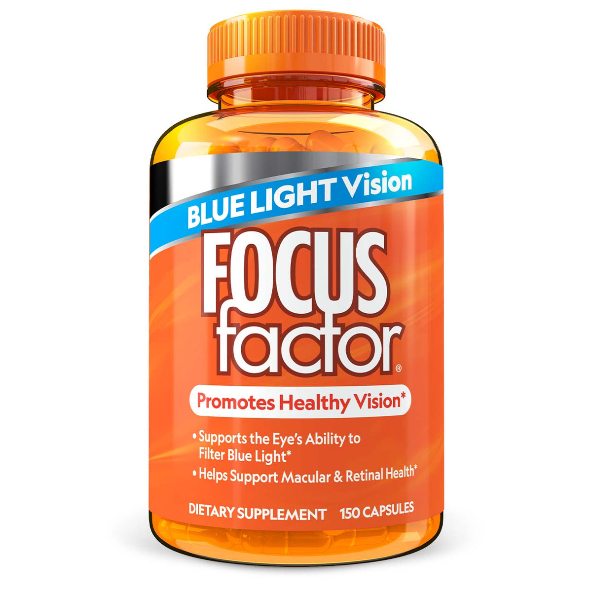 A bottle of Focus Factor® Vision Blue Light Vision dietary supplement with an orange cap. The label highlights benefits such as supporting healthy vision and enhancing the eye's ability to filter blue light, powered by Lutemax® 2020. The bottle contains 150 capsules.