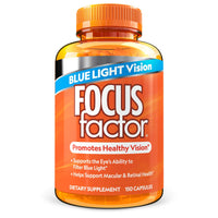 A bottle of Focus Factor® Vision Blue Light Vision dietary supplement with an orange cap. The label highlights benefits such as supporting healthy vision and enhancing the eye's ability to filter blue light, powered by Lutemax® 2020. The bottle contains 150 capsules.