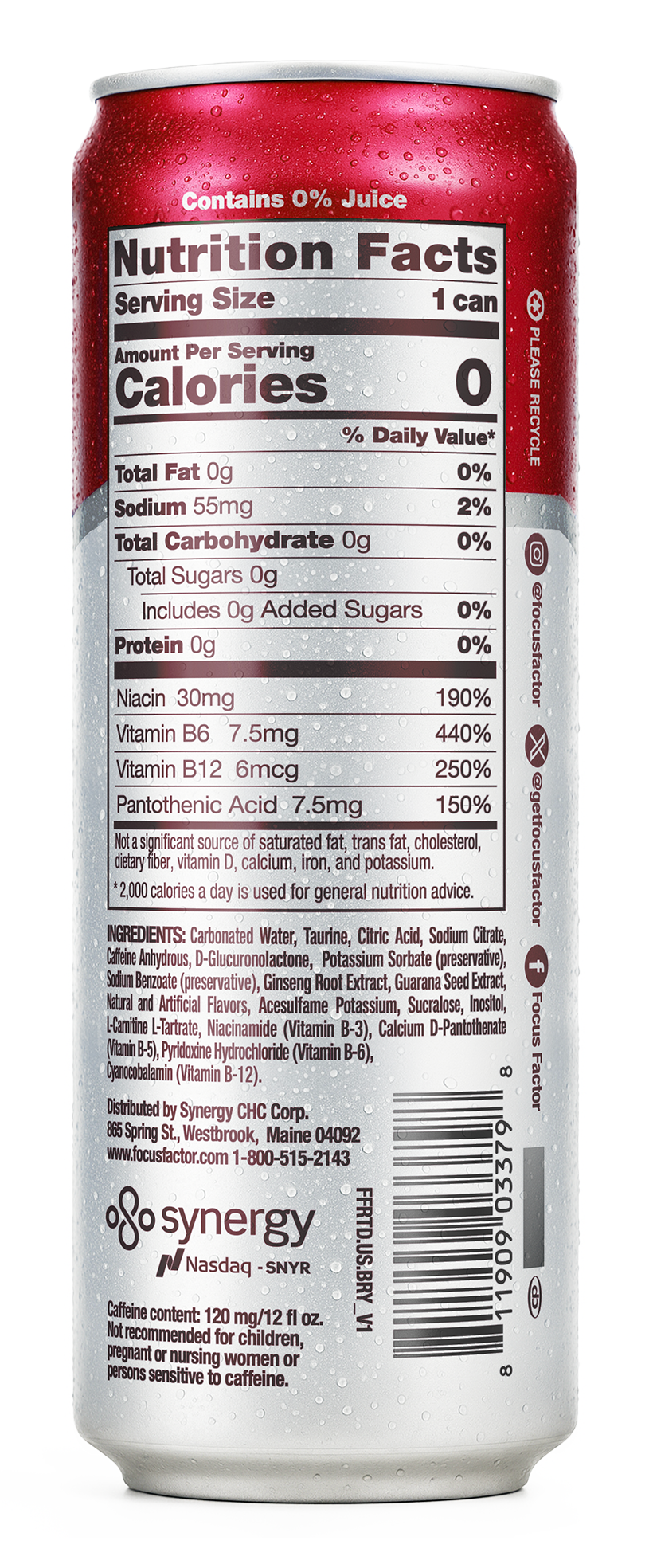 Nutrition facts label on a can of Focus Factor's Focus + Energy Drink Berry Flavor