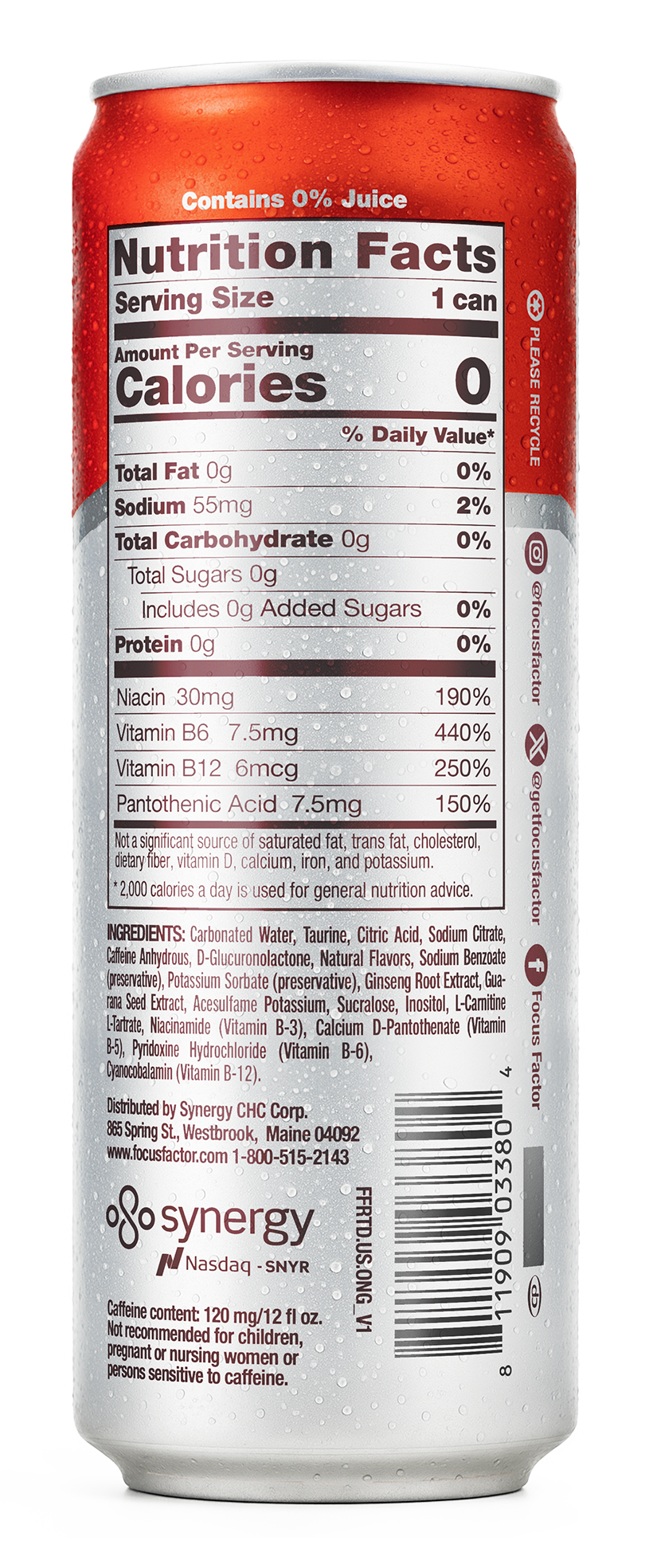 Nutrition facts label on a can of Focus Factor's Focus + Energy Drink Orange Flavor