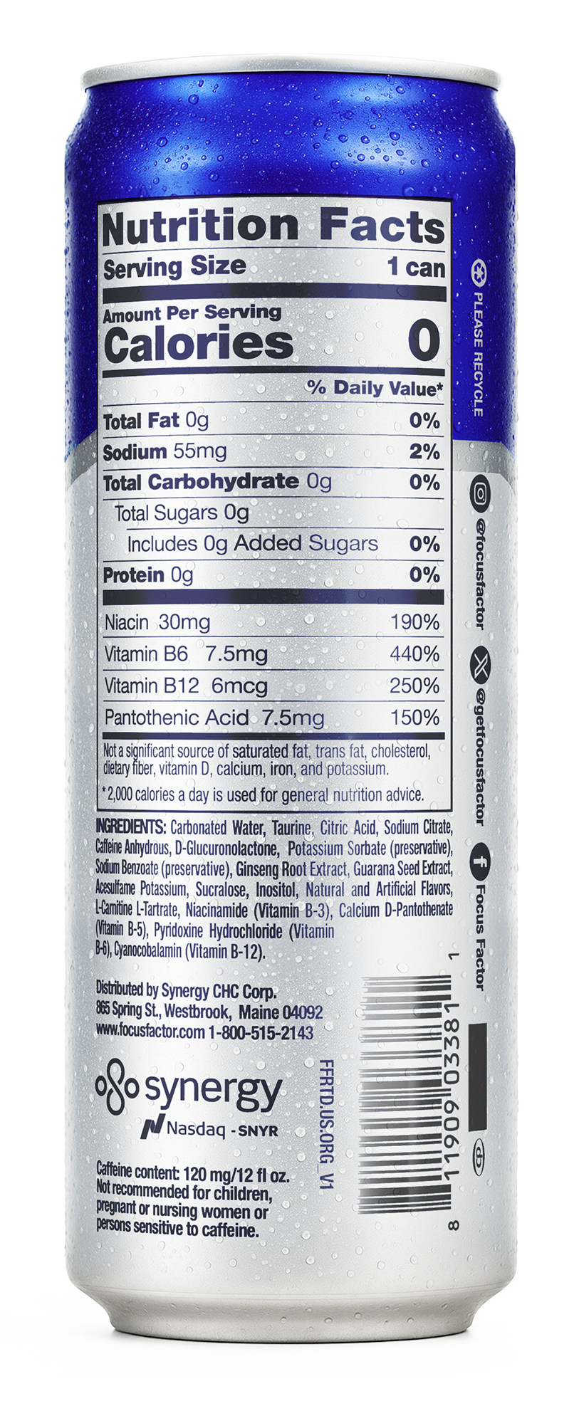 Nutrition facts label on a can of Focus Factor's Focus + Energy Drink Original Flavor