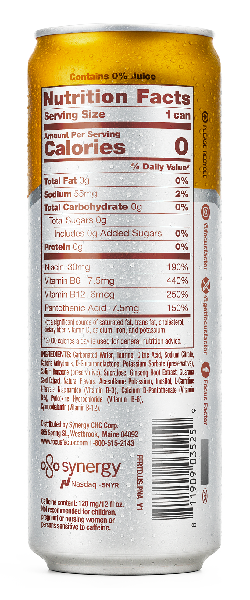 Nutrition facts label on a can of Focus Factor's Focus + Energy Drink Pineapple Paradise Flavor