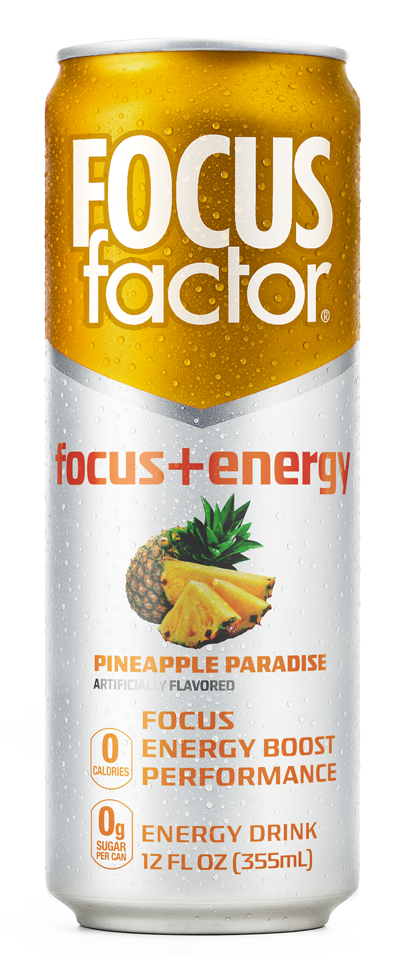 Can of Focus Factor's Focus + Energy Drink Pineapple Paradise Flavor
