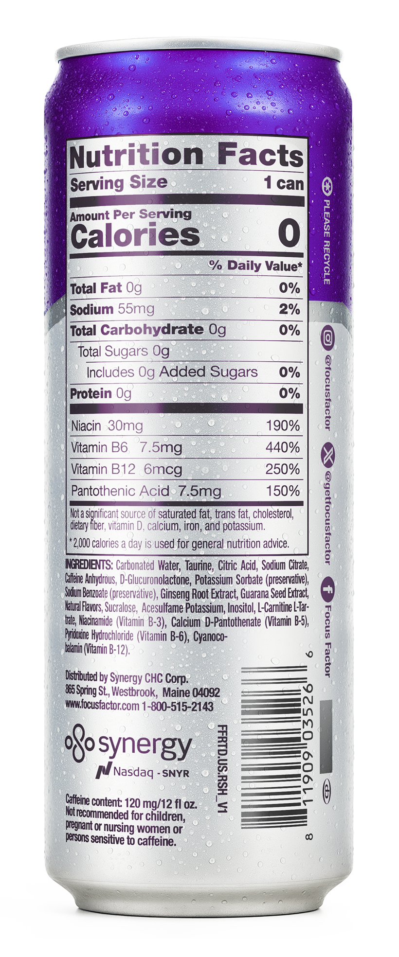Nutrition facts label on a can of Focus Factor's Focus + Energy Drink Rainbow Shaved Ice Flavor