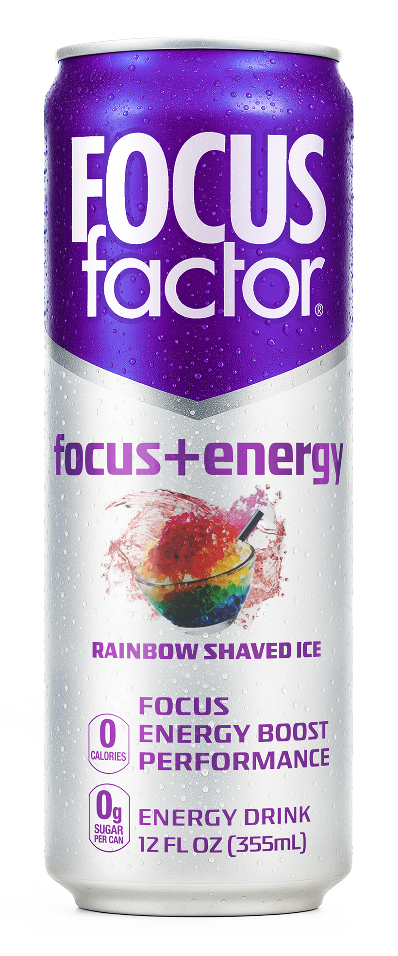 Can of Focus Factor's Focus + Energy Drink Rainbow Shaved Ice Flavor