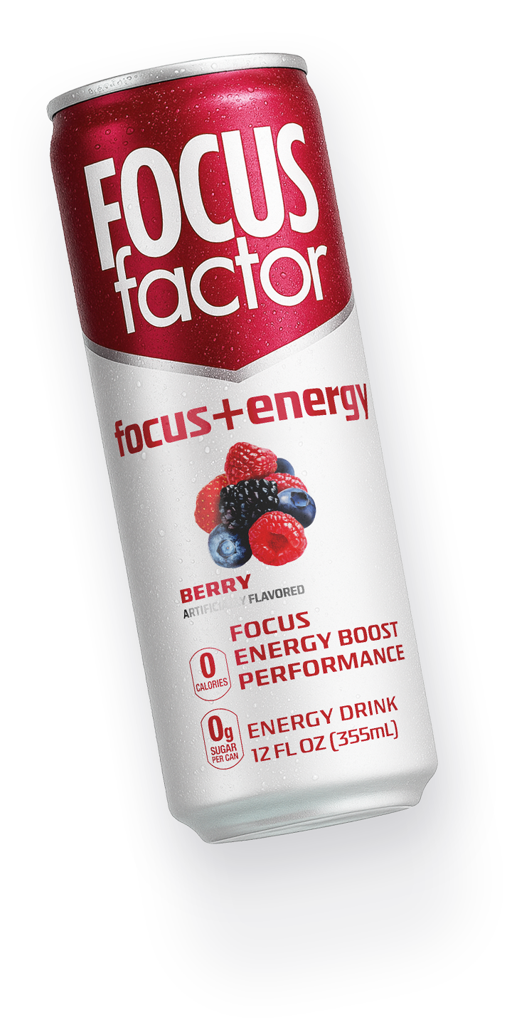 Floating can of Focus Factor's Berry Flavored  Focus + Energy Drink