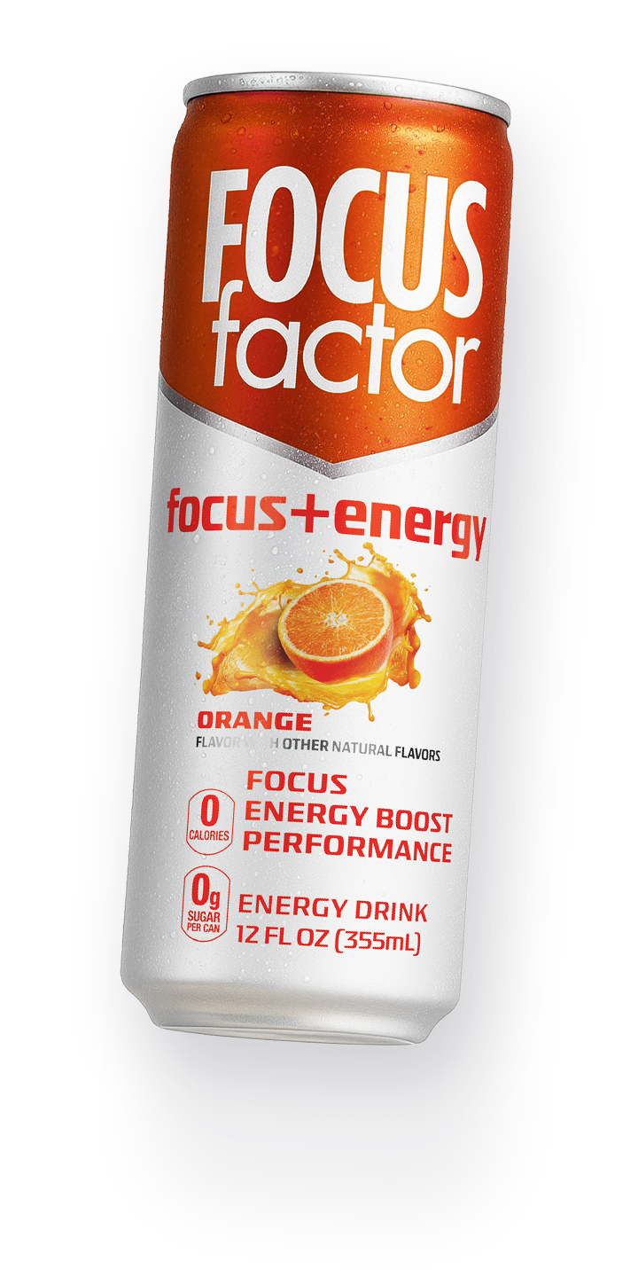 Floating can of Focus Factor's Orange Flavored Focus + Energy Drink