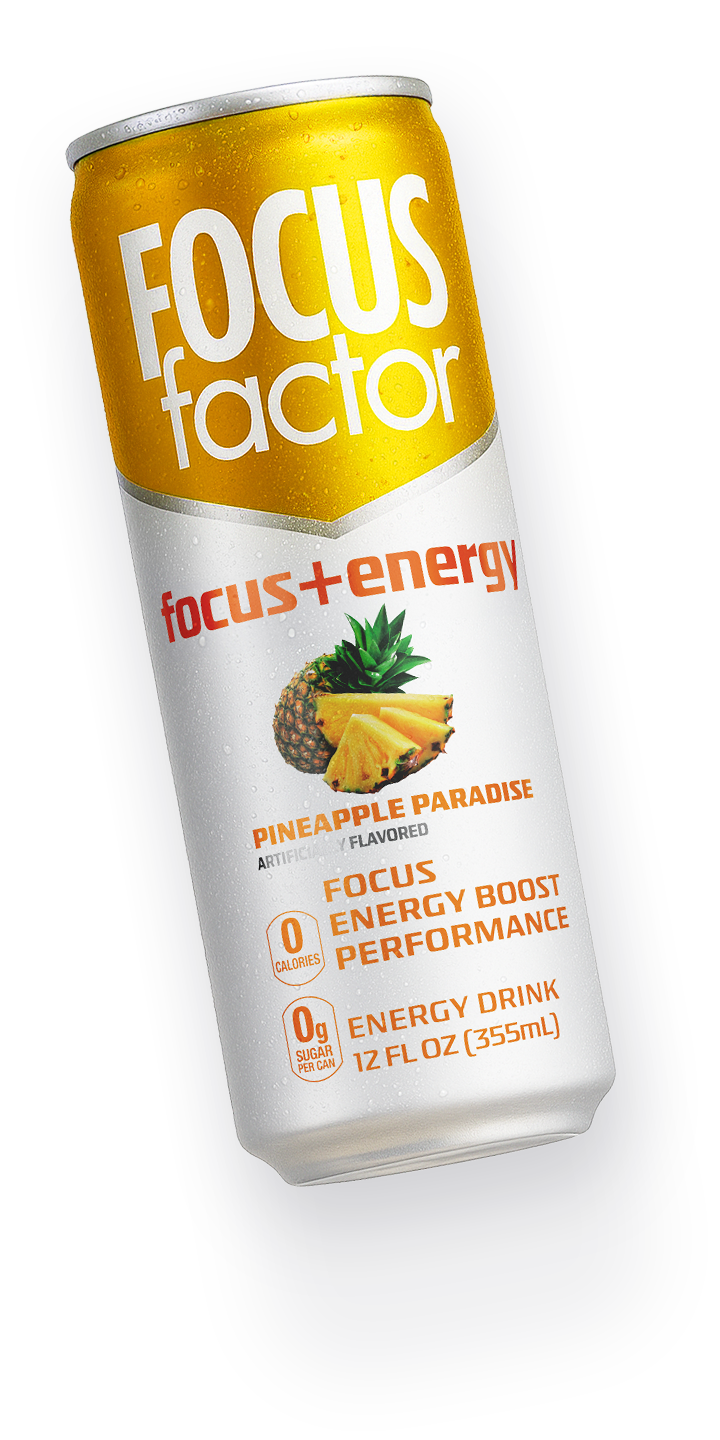 Floating can of Focus Factor's Pineapple Paradise Flavored Focus + Energy Drink