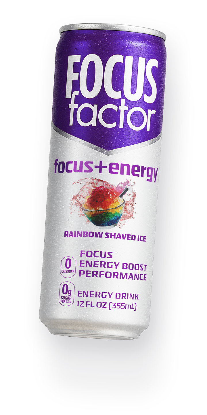 Floating can of Focus Factor's Rainbow Shaved Iced Flavored  Focus + Energy Drink