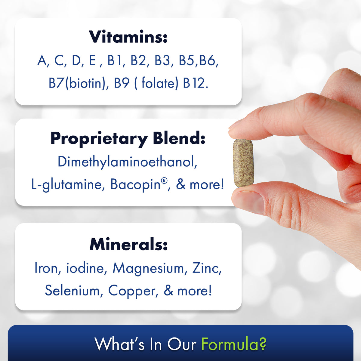 A hand holding a pill with text listing ingredients: Vitamins (A, C, D, E, B1, B2, B3, B5, B6, B7, B9, B12), Proprietary Blend with Dimethylaminoethanol to boost focus and memory along with L-glutamine and Bacopin®, complemented by essential minerals such as Iron and Magnesium. Bottom text: Focus Factor® Original†.