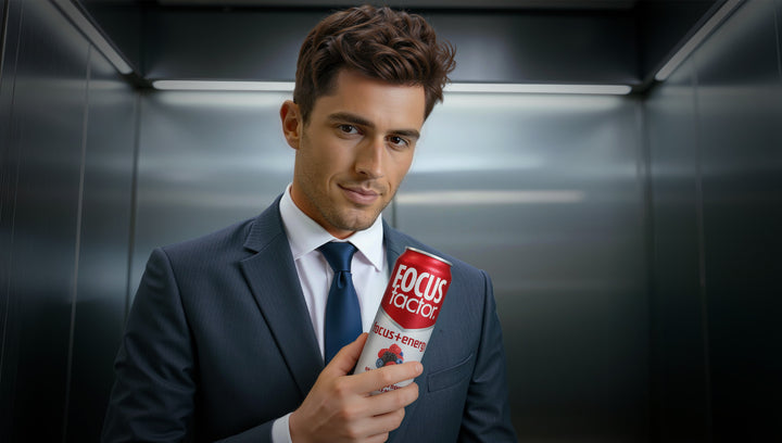Cinematic AI-generated commercial showcasing Focus Factor Energy Drink as the smart, energizing choice for modern professionals.