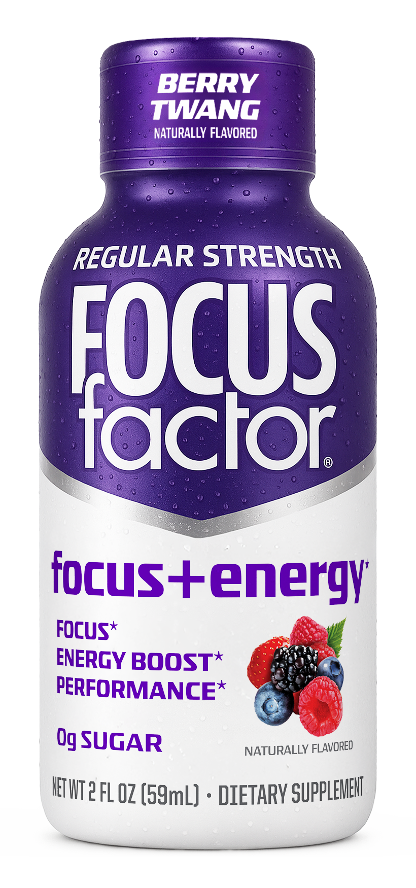 A bottle of Focus + Energy Shot - Regular Strength by Focus + Energy, Berry Twang flavor. The label features focus, energy boost, performance, zero sugar claims, and assorted berry images on the front.