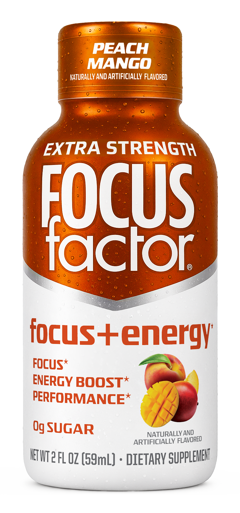 A bottle of Focus + Energy Shot - Extra Strength by Focus + Energy, peach mango flavor, with an orange and white label showing 0g sugar and images of peach and mango fruits.