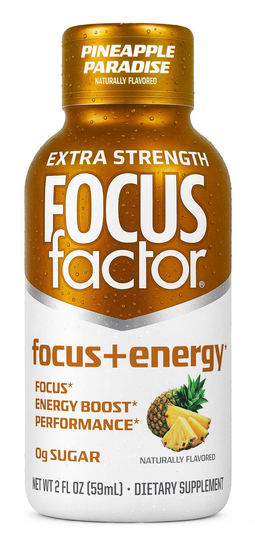 A gold and white bottle of Focus + Energy Shot - Extra Strength, Pineapple Paradise Flavor by Focus + Energy, featuring pineapple images and benefits like energy boost and 0g sugar.