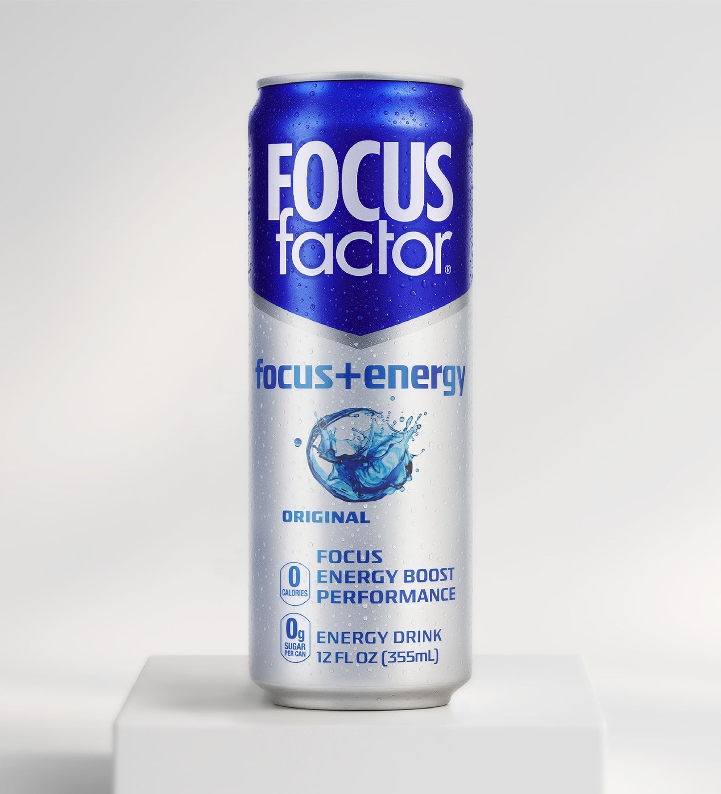 A 12 fl oz can of Focus + Energy Drink - Original Flavor by Focus + Energy Drinks features a blue and silver design with water splash graphic, highlighting zero sugar and nootropics for enhanced energy and performance.