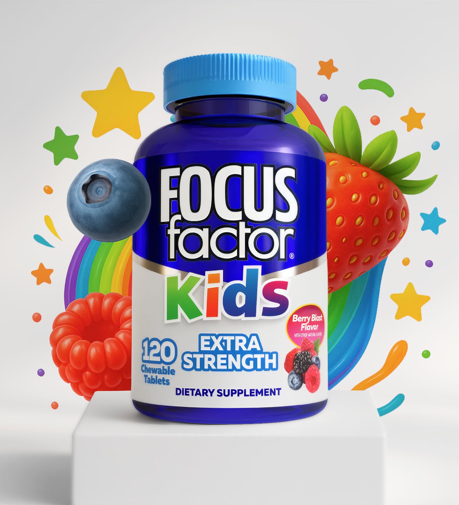 A bottle of Focus Factor® Kids Extra Strength Formula - Berry Blast Flavor Chewable Vitamins (120 tablets) by Focus Factor® Kids, shown with colorful fruit and playful shapes on a white pedestal.