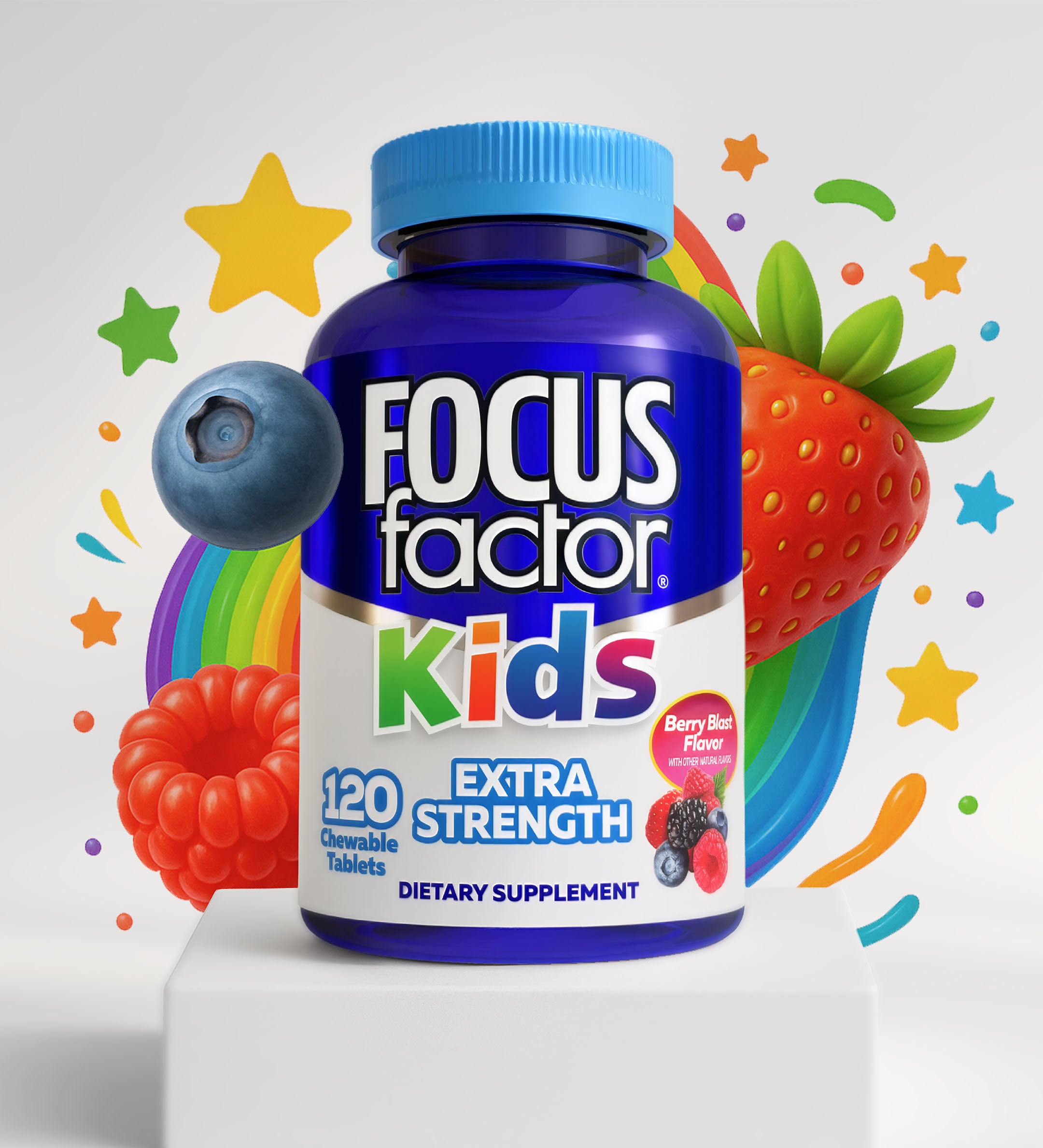 A bottle of Focus Factor® Kids Extra Strength Formula - Berry Blast Flavor Chewable Vitamins (120 tablets) by Focus Factor® Kids, shown with colorful fruit and playful shapes on a white pedestal.