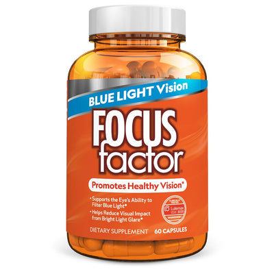 A bottle of Focus Factor® Vision Blue Light Vision dietary supplement, which includes Lutemax® 2020, contains 60 capsules. It is marketed as supporting healthy vision by filtering blue light and reducing the visual impact from bright light glare. The packaging features an orange bottle with a blue label on top.